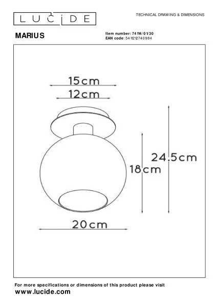 Lucide MARIUS - Plafonnière - 1xE27 - Zwart - technisch